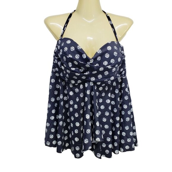 INC Swim Top Polka Dot‎ Print Halter Tankini Bandeau Navy Blue Plus Size 14 - Picture 3 of 12